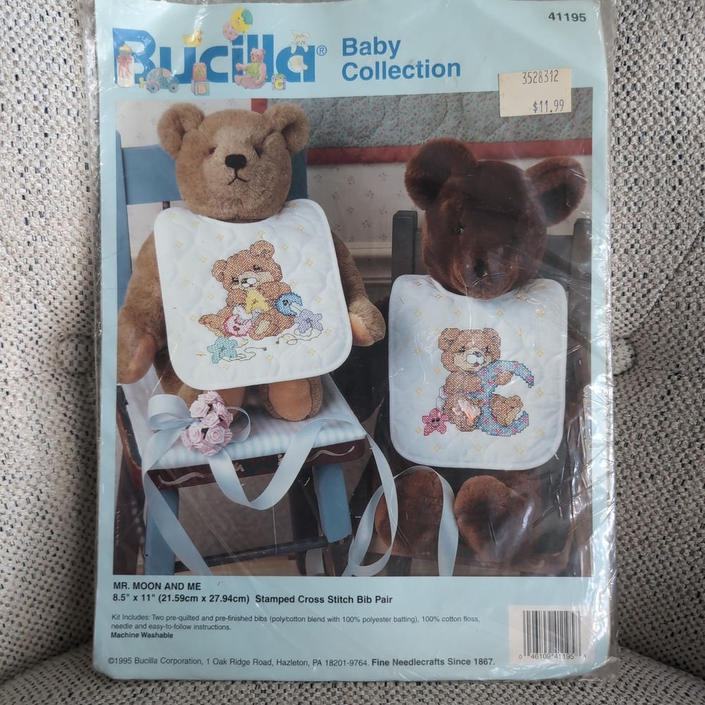 Vintage Bucilla Mr Moon And Me Bear Bib Pair Stamped Cross Stitch Kit No.41195